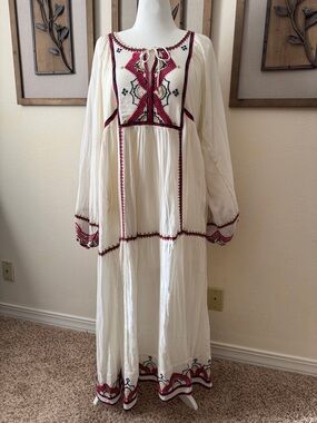 Free People NWT Cream Maxi Dress with Dark Pink/Red, Gold, and Blue Embroidery